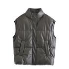 Stand Collar Faux Leather Padded Zip-up Vest