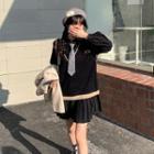 Pleated Mini A-line Shirtdress / V-neck Sweater Vest
