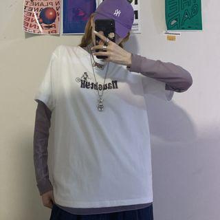 Lettering Elbow-sleeve T-shirt / Plain Long-sleeve Mesh Top