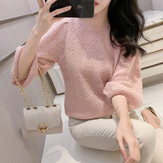 3/4-sleeve Crocheted Knit Top