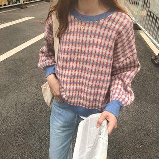Long-sleeve Pattern Printed Knit Top Pink - One Size