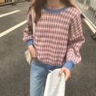 Long-sleeve Pattern Printed Knit Top Pink - One Size