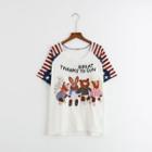 Short-sleeve Embroidered Applique Cartoon Striped Paneled T-shirt White - One Size