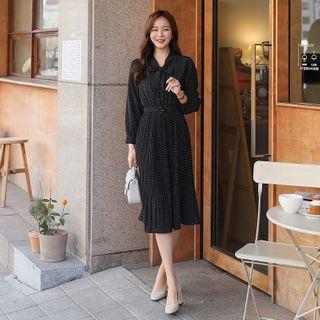 Tie-neck Dotted Long Dress With Belt