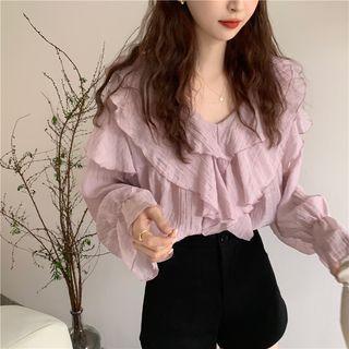 Long-sleeve Plain Ruffle Blouse