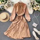 Long-sleeve Tie-waist Pleated Midi A-line Dress