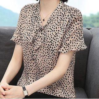 Short-sleeve Tie-neck Leopard Print Blouse