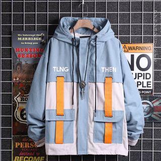 Letter Color Block Hooded Cargo Jacket