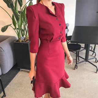 Button-detail Frilled-hem Dress