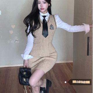 Plain Shirt / Embroidered Knit Mini Overall Dress / Tie / Set