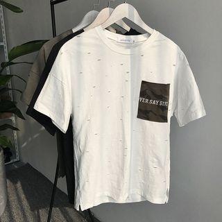 Camo Pocketed Letter Embroidered Short Sleeve T-shirt