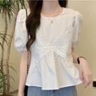 Puff-sleeve Mock Two-piece Lace Trim Blouse