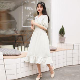 Lace Trim Peter Pan Collar Elbow-sleeve Dress