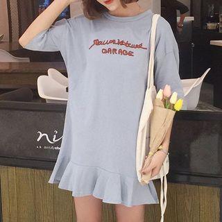 Ruffle Hem Flower Embroidered Elbow Sleeve T-shirt Dress