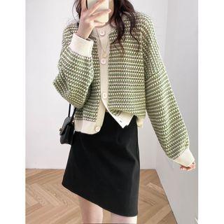 Round-neck Color-block Knit Button-up Cardigan