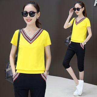 Set: Contrast Trim Short-sleeve T-shirt + Cropped Pants