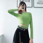 Long-sleeve Cutout Buckled Cropped T-shirt