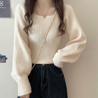 Lantern Sleeve Plain Square-neck Sweater