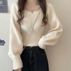 Lantern Sleeve Plain Square-neck Sweater