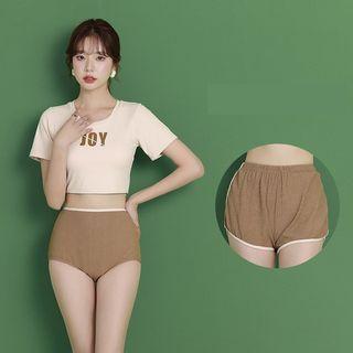 Set: Short-sleeve Lettering Bikini + Shorts