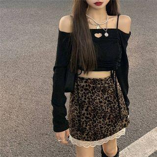 Long-sleeve Top / Leopard Print Mini A-line Skirt