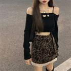 Long-sleeve Top / Leopard Print Mini A-line Skirt