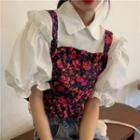 Puff-sleeve Plain Blouse / Floral Shirred Camisole