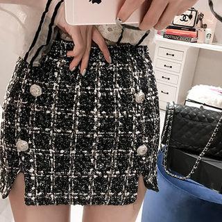 Button-front Slit-hem Tweed Mini Skirt