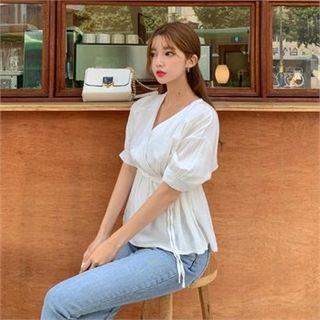 Puff-sleeve Wrap Peplum Blouse Ivory - One Size