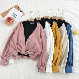 Set:lettering Embroidered Mock-neck Sleeveless Top + Plain Long-sleeve Blouse