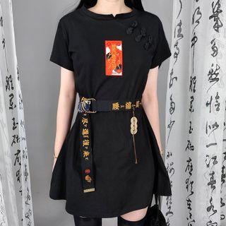 Short-sleeve Chinese Embroidered Mini Dress / Belt / Set