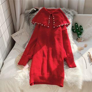 Faux Pearl Collared Mini Sweater Dress