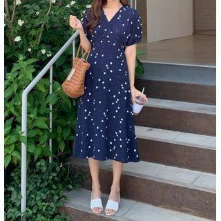 Short-sleeve Floral Printed V-neck Midi Dress