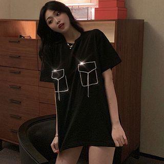 Rhinestone Short-sleeve T-shirt Black - One Size
