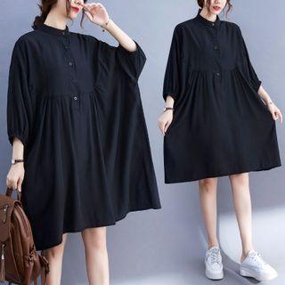 Puff-sleeve Shirtdress Black - One Size