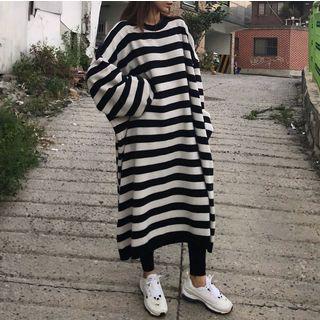 Striped Long-sleeve Midi Knit Dress Stripes - Black & White - One Size