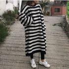 Striped Long-sleeve Midi Knit Dress Stripes - Black & White - One Size