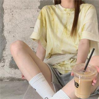 Short-sleeve Tie-dye Print T-shirt Beige - One Size