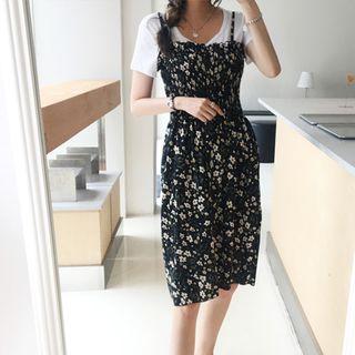 Set: Spaghetti-strap Smocked Floral Dress + T-shirt