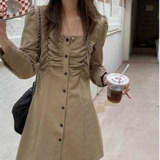 Long-sleeve Square-neck Button-up Mini A-line Dress