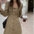 Long-sleeve Square-neck Button-up Mini A-line Dress