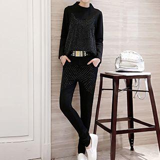 Set: Rhinestone Long-sleeve Top + Pants