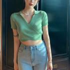 Short-sleeve Wrap Knit Top Green - One Size