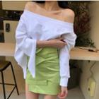 Long-sleeve Asymmetric Off-shoulder Top / Asymmetric Plain Skirt