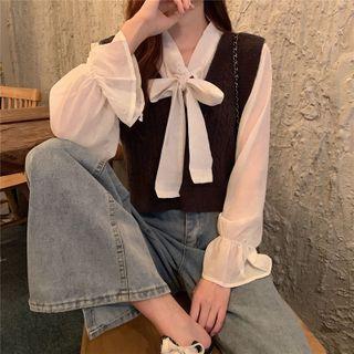 Flared-cuff Blouse / Cable Knit Vest