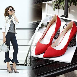 Pointed Glitter Chunky Heel Pumps