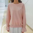 Frill-sleeve Lettering Embroidered Pullover