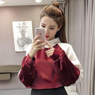 Letter Embroidered Color Panel Velvet Pullover
