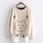 Cat Embroidered Mock Two-piece Pullover
