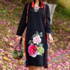 Flower Embroidered Hooded Long-sleeve A-line Dress